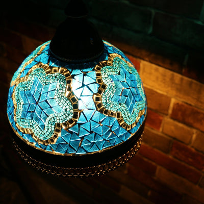 Hanging Mosaic Dome Lamp in Aqua Blue, Open Bottom