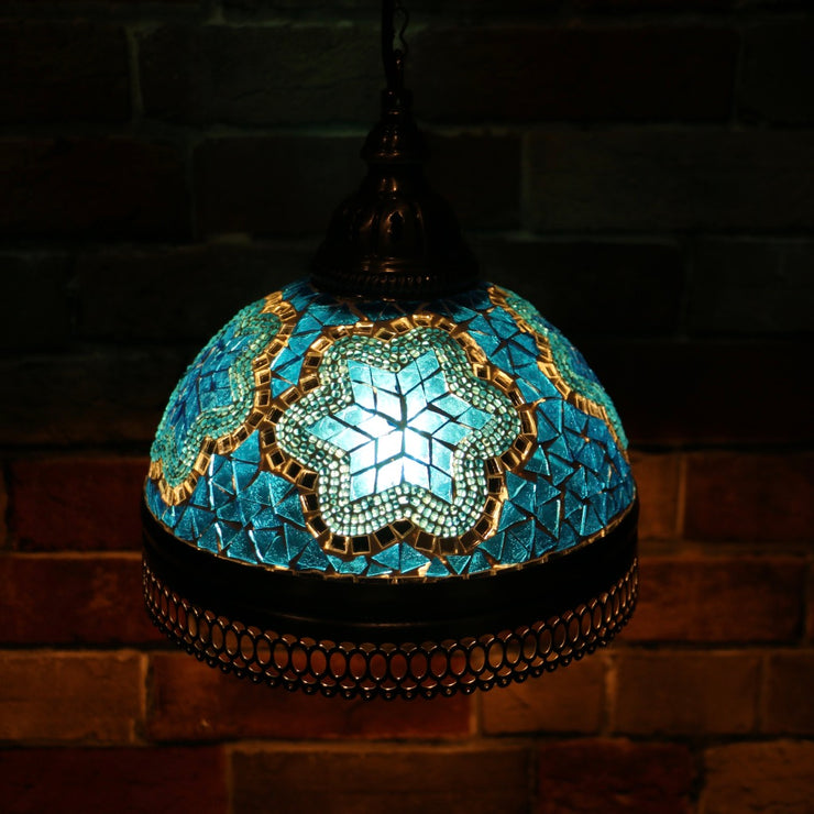 Hanging Mosaic Dome Lamp in Aqua Blue, Open Bottom