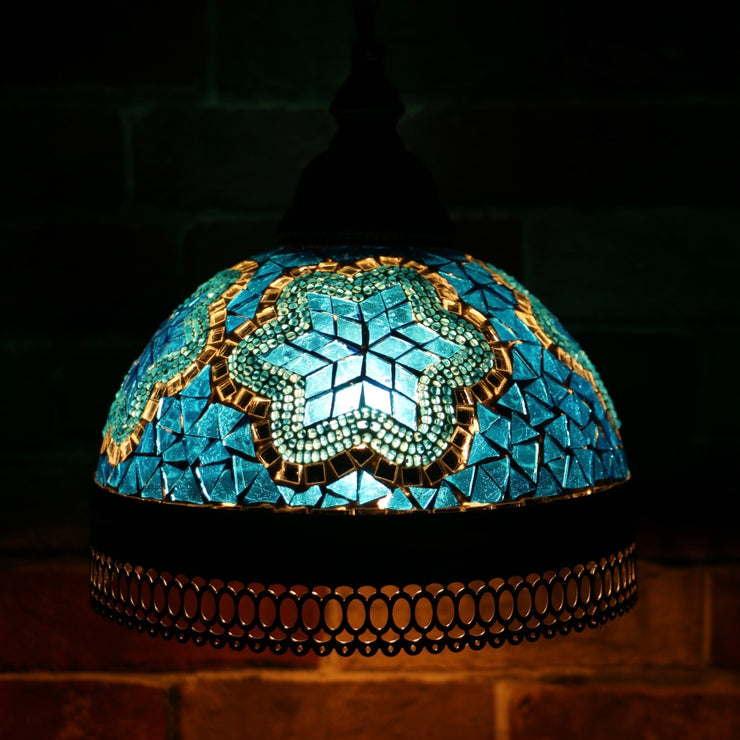 Hanging Mosaic Dome Lamp in Aqua Blue, Open Bottom