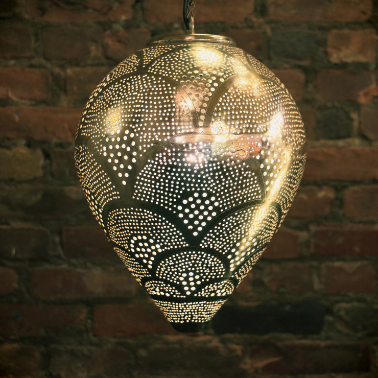 Hanging Metal Lamp, Nickel-Plated & Hand Pierced, Drop Shape