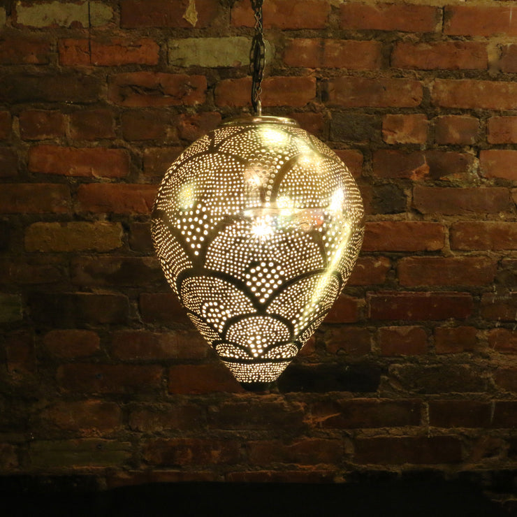 Hanging Metal Lamp, Nickel-Plated & Hand Pierced, Drop Shape