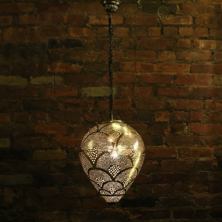 Hanging Metal Lamp, Nickel-Plated & Hand Pierced, Drop Shape
