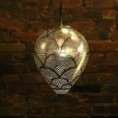 Hanging Metal Lamp, Nickel-Plated & Hand Pierced, Drop Shape