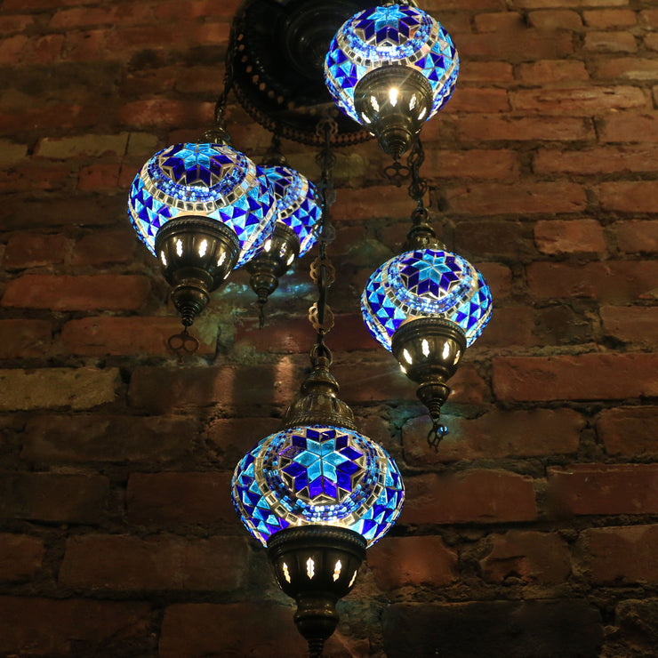 Mosaic Chandelier in Blues with Five Globes