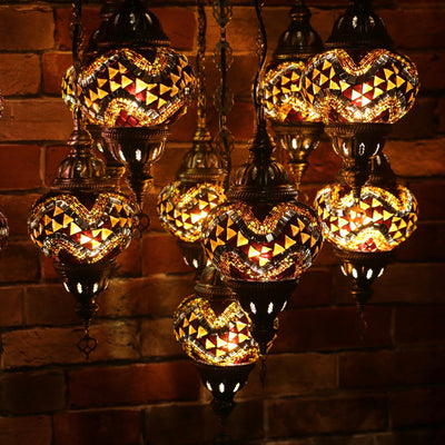 Nine Globe Mosaic Chandelier in Amber Tones