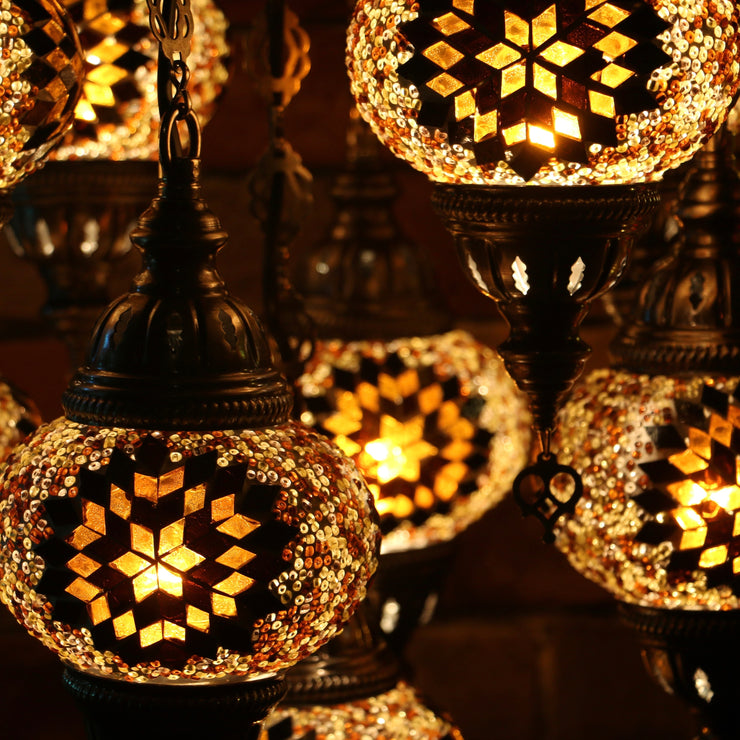 Nine Globe Mosaic Chandelier in Amber Tones