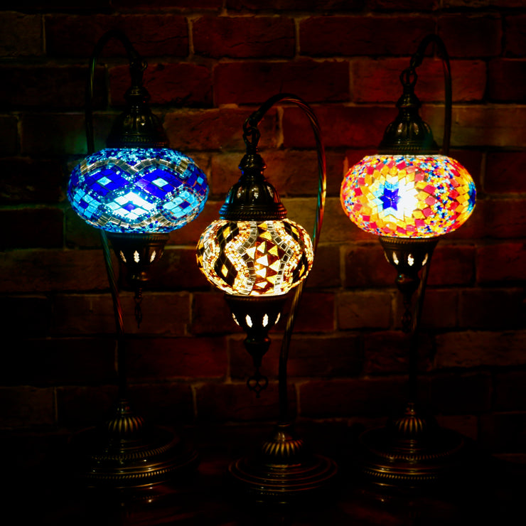 Mosaic Table Lamp in Amber with Diamond Pattern, Swan Neck