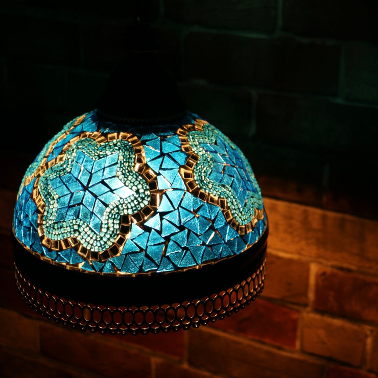 Hanging Mosaic Dome Lamp in Aqua Blue, Open Bottom