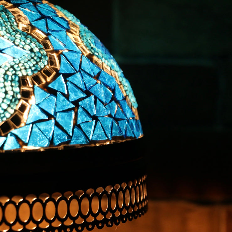 Hanging Mosaic Dome Lamp in Aqua Blue, Open Bottom