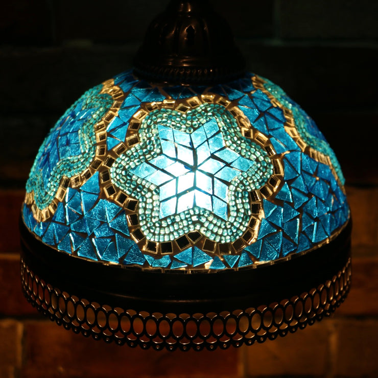 Hanging Mosaic Dome Lamp in Aqua Blue, Open Bottom