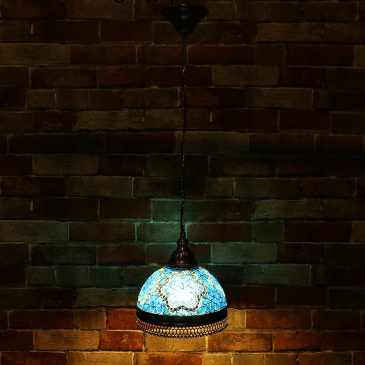 Hanging Mosaic Dome Lamp in Aqua Blue, Open Bottom