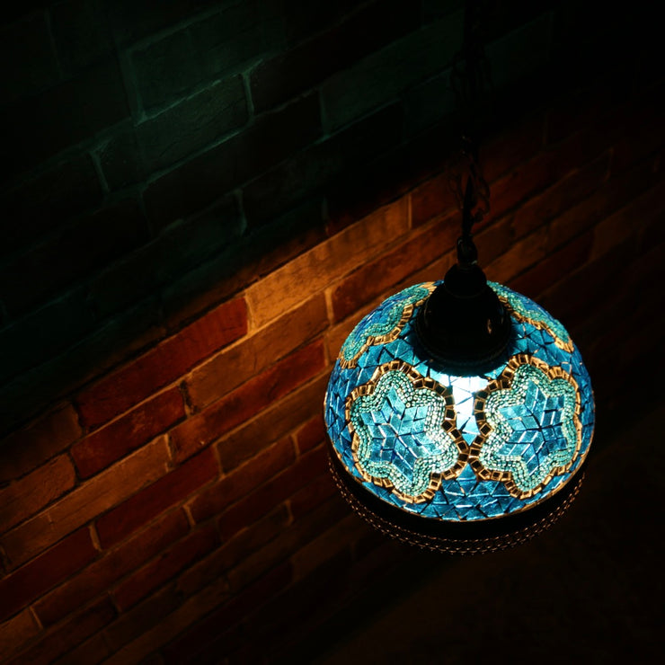 Hanging Mosaic Dome Lamp in Aqua Blue, Open Bottom