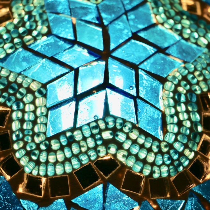 Hanging Mosaic Dome Lamp in Aqua Blue, Open Bottom