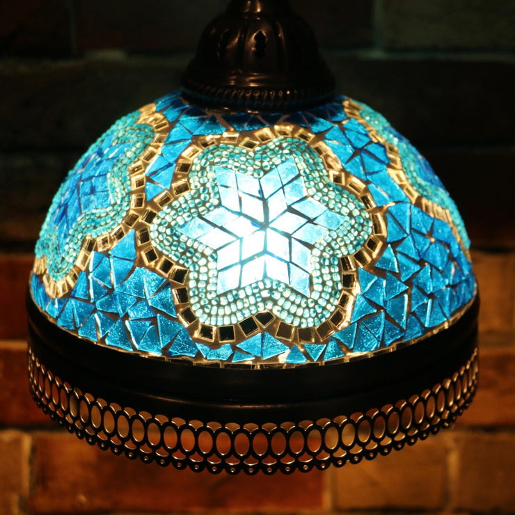 Hanging Mosaic Dome Lamp in Aqua Blue, Open Bottom