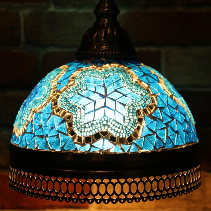 Hanging Mosaic Dome Lamp in Aqua Blue, Open Bottom