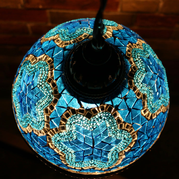 Hanging Mosaic Dome Lamp in Aqua Blue, Open Bottom